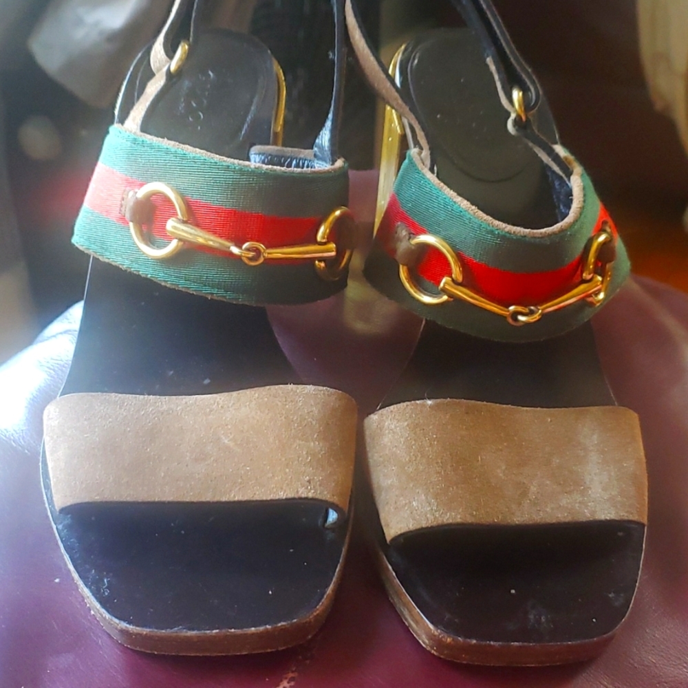 GUCCI Querelle Web Horse Bit Suede Sandal Gold Block Heel EUR 37.5/US 7.5.